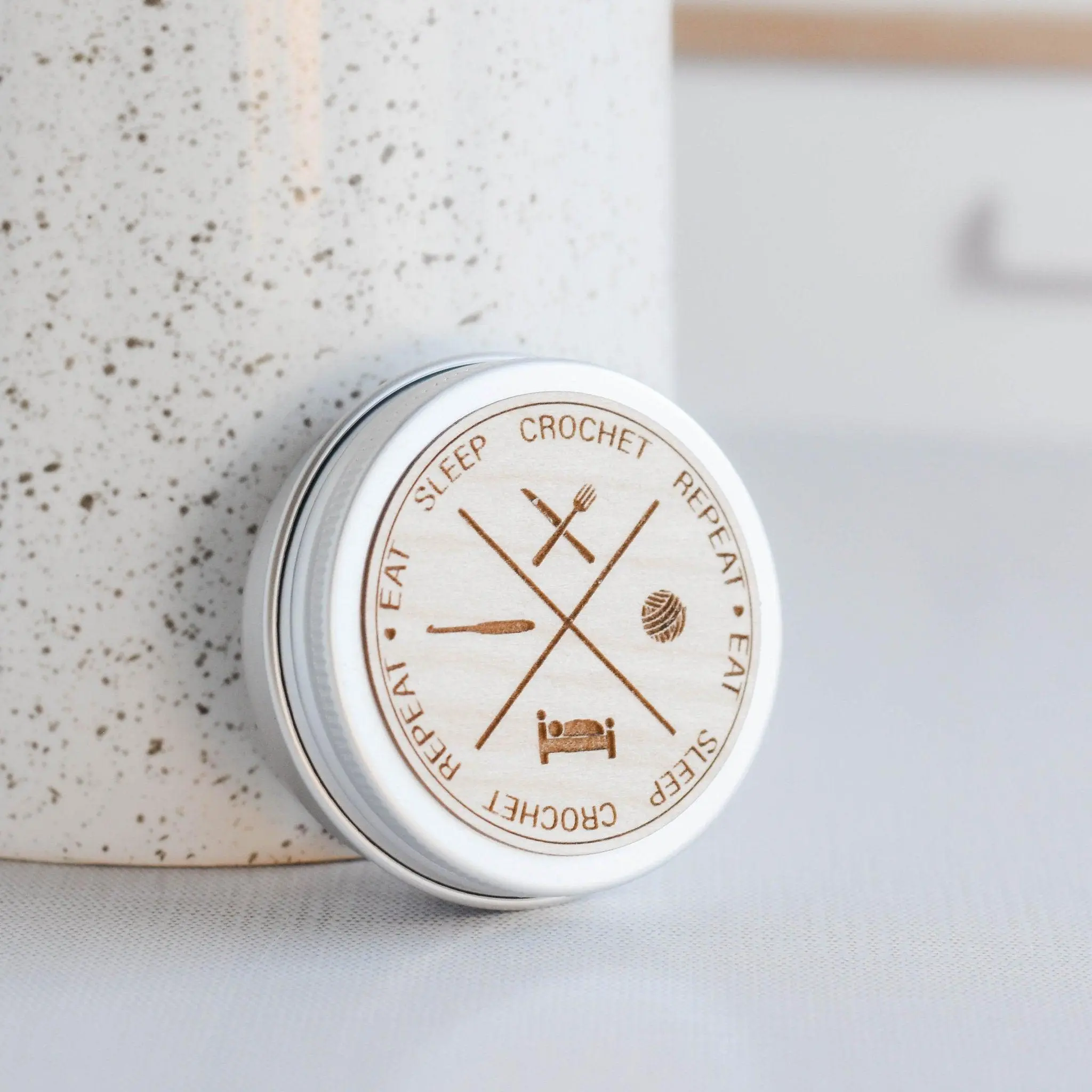 Crochet Tin Storage Container - Eat Sleep Crochet Repeat