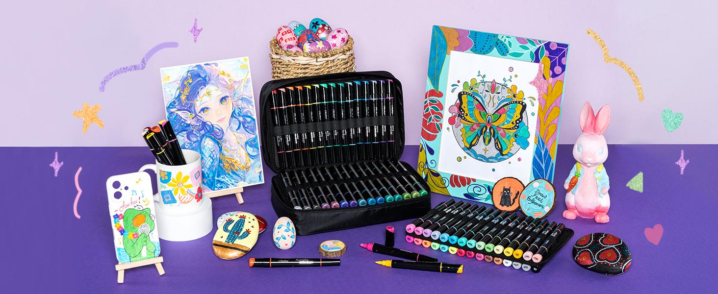 Ohuhu Acrylic Paint Pens:  Dual Tips (Round & Fine) - 90 Colors - Acrylic Markers High Opacity Paint Markers Waterproof Lightfast for Rock Painting Easter Eggs Wood Glass Ceramic Canvas - Kakaako Series of Ohuhuart