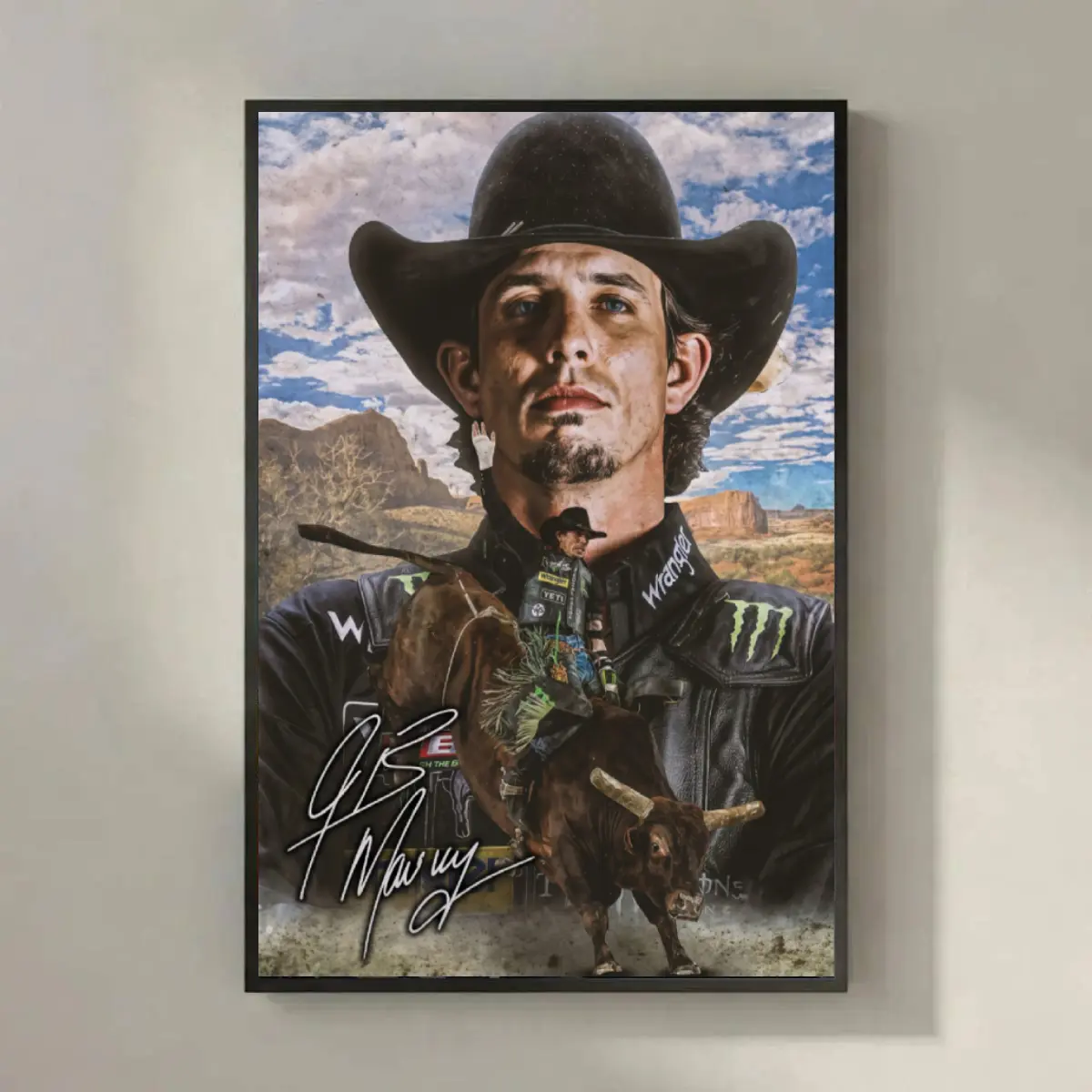 [No Frame] JB Mauney With Signature Wall Poster, Legendary Bull Rider Wall Art, Home Decor Gift for Rodeo Fans