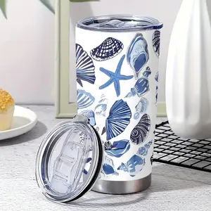 20Oz Ocean-Themed Stainless Steel Vacuum Travel Mug - Kitchenware Drinkware Car Cup with Shell, Starfish Designs, Blue Coastal Art Style, Ideal Gift for Friends Flasks Tumbler  bartender  Portable Insulated water bottle
