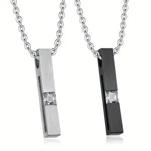 Men's Minimalist Chain Necklace - Silver and Black Rectangular Synthetic Zircon Pendant, Elegant Design for Commuting, Gatherings