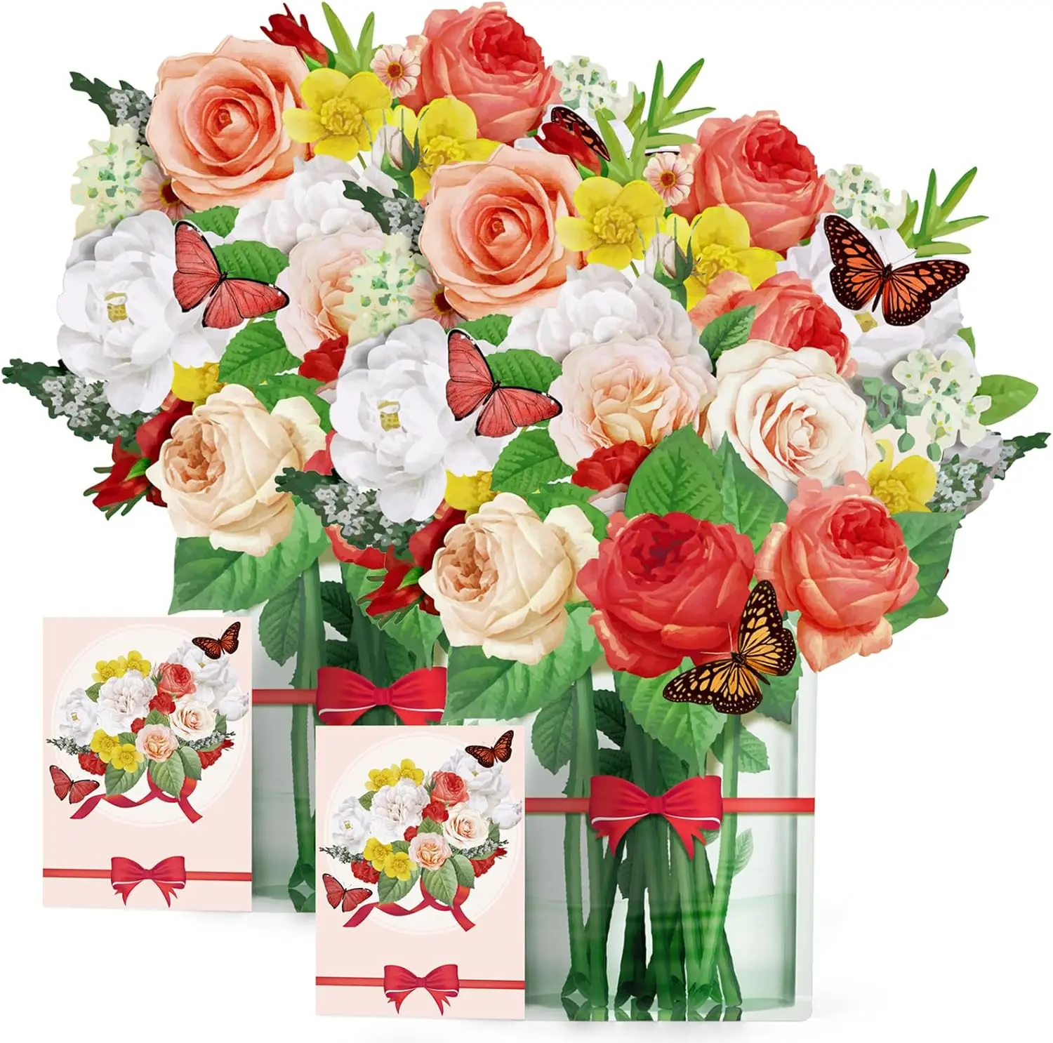 2-Pack 3D Rose Flower Bouquet Popup Valentines Cards for Women Men, Romantic Valentines Gifts for Her Him, Birthday Card Get Well Card with NoteCard & Envelope for Couples and Partners