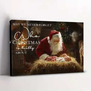 JIT 1pc Vintage Christmas Canvas Wall Art with Santa Claus And Nativity Scene - Religious Christian Decorative Sign And Plaque, Animal Theme,for Elegant Home Decor - Bedroom And Festive Party Decorations
