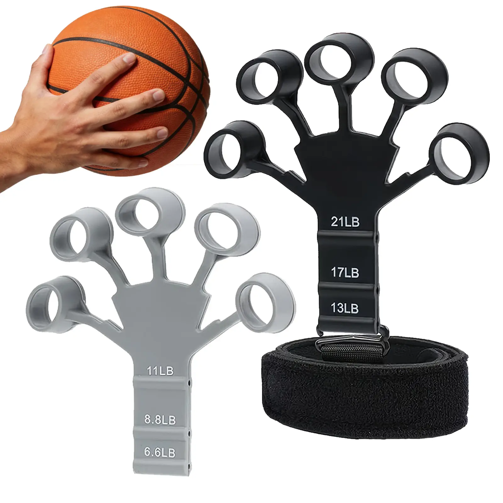 Basketball Silicone Grip Finger Trainer 2-Pack, Adjustable Bands with 6 Resistance Levels (6.6-21lb) for Shooting, Dribbling Workouts