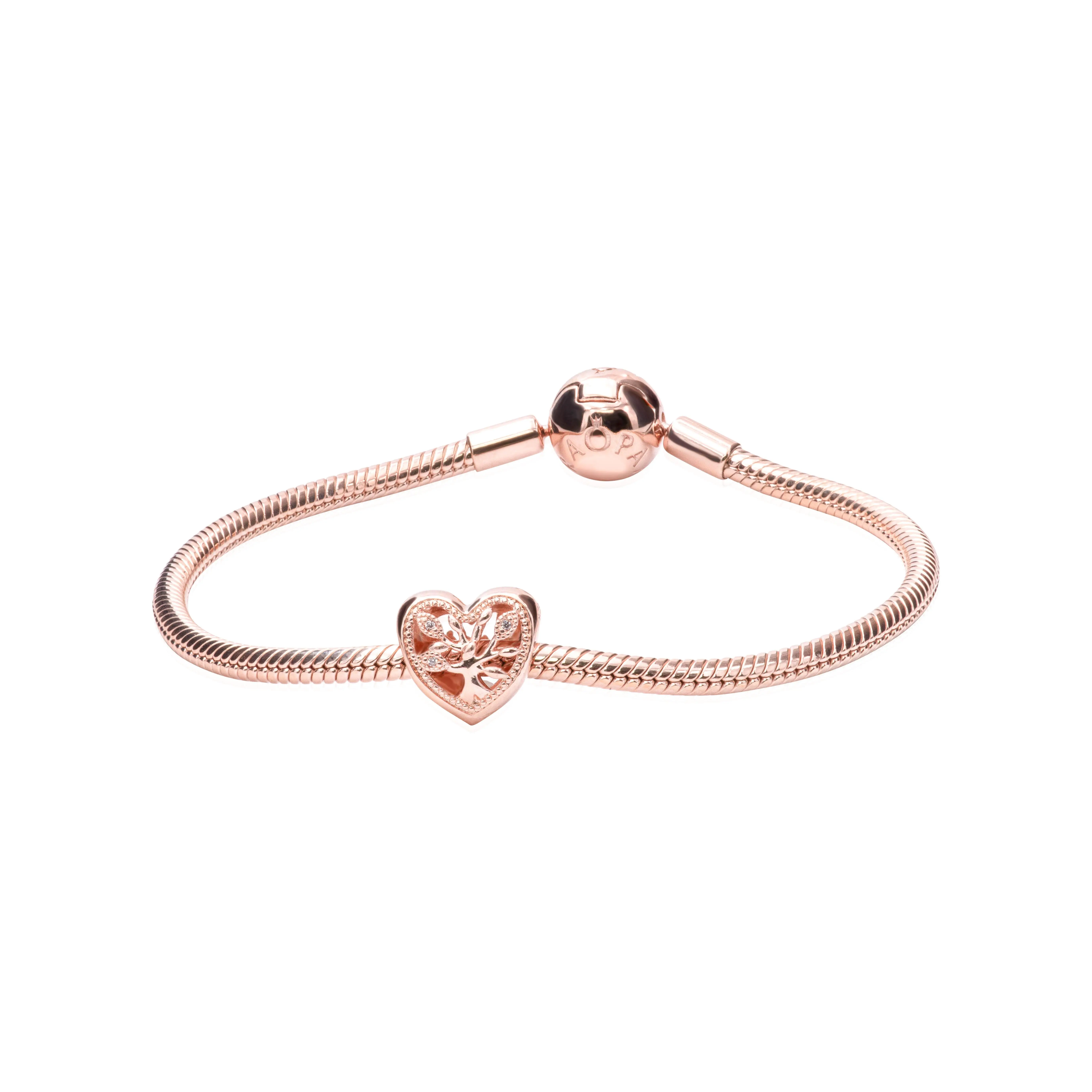 PANDORA Adults' Moments Snake Chain Bracelet Gift Set, 14-karat Rose Gold-Plated with Openwork Family Tree Heart Charm, Cubic Zirconia and Micro Beads, Offspring