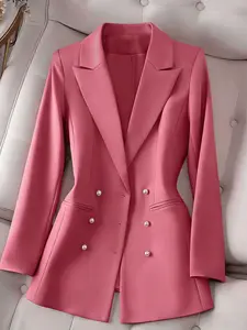 A women's peach-colored half-single-breasted pearl double-pocket suit jacket with a regular shoulder top, suitable for spring and autumn suitable for daily commuting, home wear, and light business.