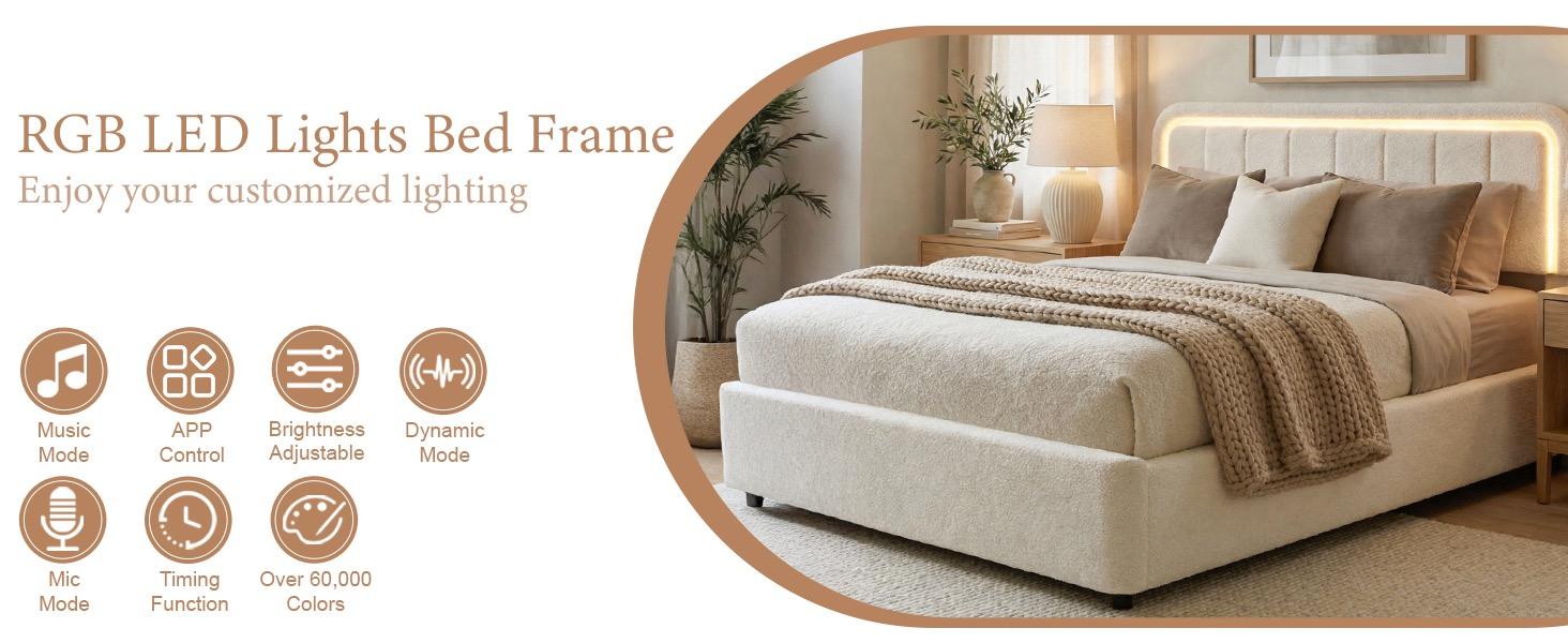 Cloud Bed Frame with LED Light, Boucle Upholstered Bed | Beige, 4 Storage Drawers, Soft Curved Corners, No Box Spring Needed, Easy Assembly, Adjustable Headboard