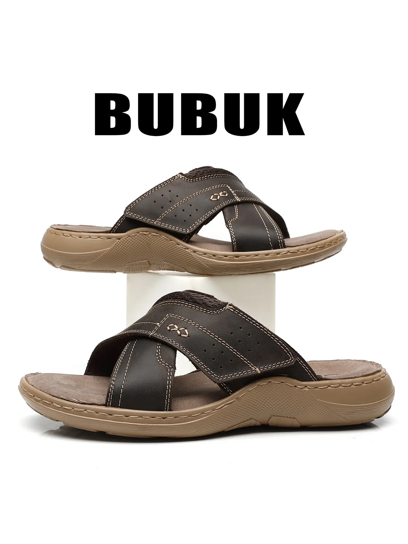 BUBUK Men's First Layer Cowhide Fashion Slippers, Solid Color Versatile Open Toe Velcro Slippers, Comfortable Casual Footwear for Men