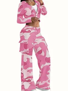 Women's Camo Print Casual Set, Long Sleeve Crop Top & Fitted Pants, Fall Winter Fashion, Natural Waist, All Seasons, Drawstring