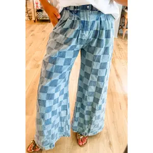 Dusk Blue Checkered Light Washed Wide Leg Jeans