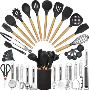 Cooking Utensils Set- 35 count Kitchen Utensils with Grater,Tongs, Spoon Spatula &Turner Made of Heat Resistant  Grade  and Wooden Handles Kitchen Gadgets Tools Set for Nonstick Cookware
