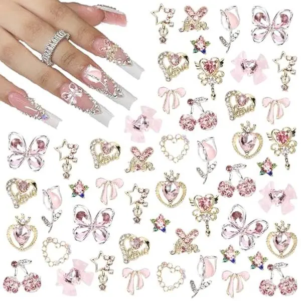 CUBLIVE 24PCS Nail Charms Y2k Alloy Nail Art Rhinestone Charms 3D Heart Star Bow with Rhinestones Cherry Nails Gems Shiny Jewelry Nails Decorations Accessories Supplies (AD24)