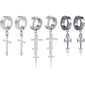Non-pierced Earrings Set for Men Women Cross Titanium Steel Hoop Dangle Clip On Earring