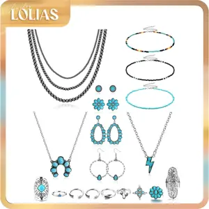 LOLIAS Turquoise Jewelry for Women Bohemian Western Jewelry Set Navajo Pearl Necklace Beaded Choker Necklace Turquoise Earrings Bracelet Vintage Knuckle Rings Boho Western Jewelry for Women