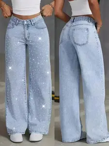 Women's Elegant High-Waisted Wide-Leg Button Jeans, Fitted Woven Fabric, Rhinestone Embellished, All-Season Fashion Pants