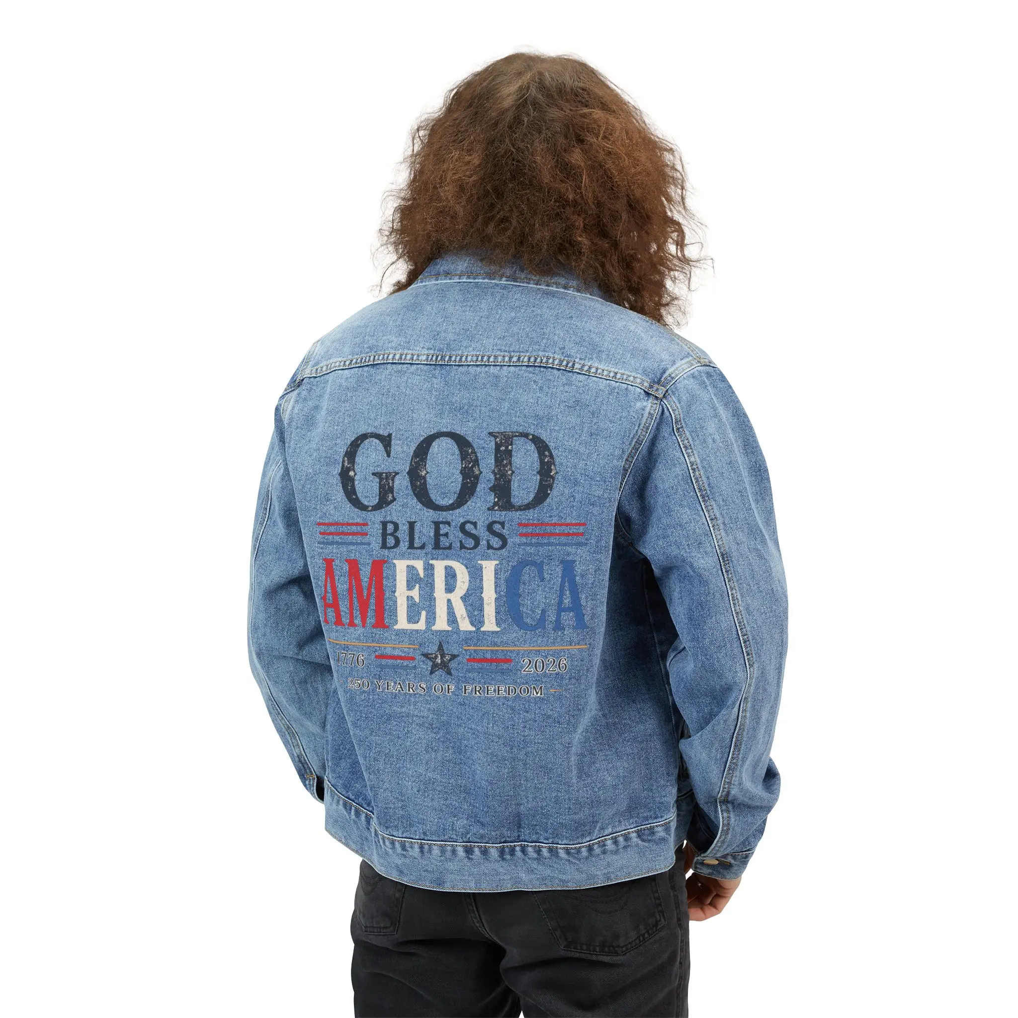 Men's Woven Vintage American Flag Denim Jacket - Long Sleeve Relaxed Baggy Fit Patriotic Collared Top, Button Front, Pockets, Plain Casual Back Print, Cotton-Blend Stretch Fabric, Low-Iron, Do Not Dry Clean