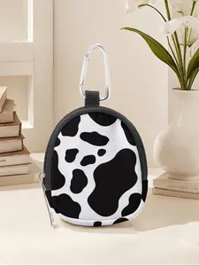 Cow Pattern Printed Mini Wallet, Lightweight Zipper Coin Purse with Hook Clip, Earphone Key Bag, Unisex Casual Floral Design