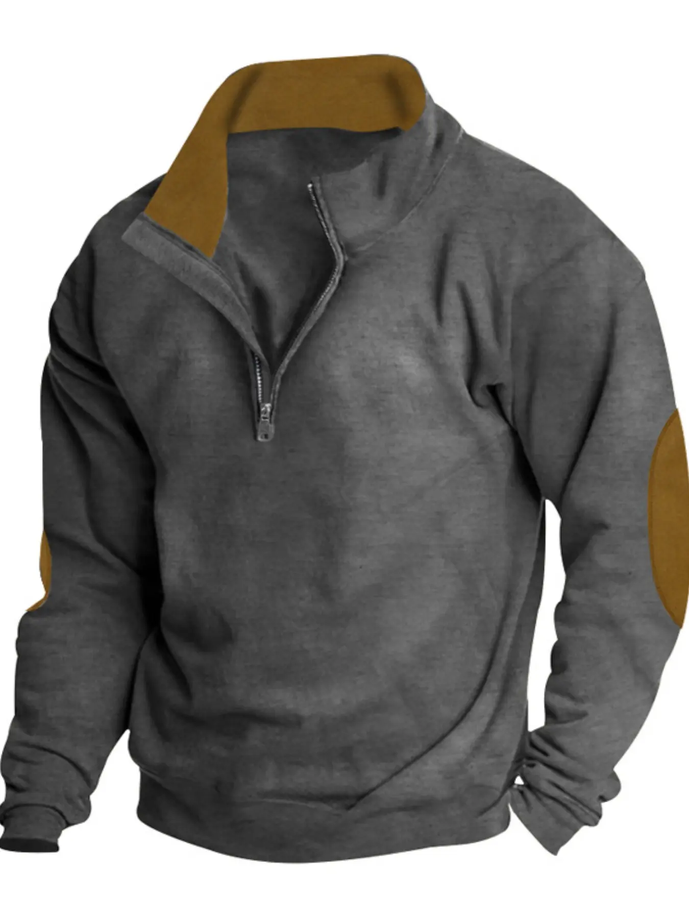 Men's Colorblock Long Sleeve Fleece Half-Zip Fitted Sweater with Tan Accents, Contrast Elbow Patches & Collar, Warm Soft Fabric, Casual Outdoor Pullover, Stylish Color Block Design, Perfect for Fall Winter Daily Wear, Sweatshirt, Menswear