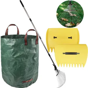 ChezMax Leaf Collector Garden Rake Set - Adjustable 18 tooth blade rake with upper blade picker and 72 gallon lawn garbage bag, heavy-duty collection rake, manual blade shovel, brown paper bin garbage bin, garden gardening tools