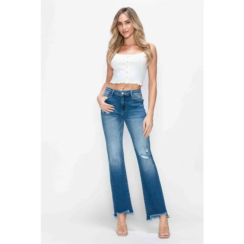 bytos Full Size Raw Hem Distressed Mid Rise Straight Jeans