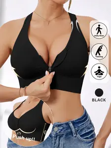 Women's Sporty Backless Sports Bra, Full Coverage Lined Fitted Yoga Running Top, All-Seasons Buckleless Design, Plain Pattern, Workout Bras