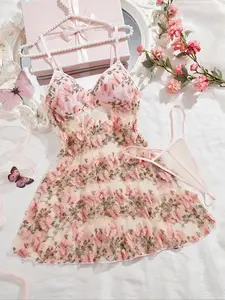 Women's Butterfly Embroidery Cami Nightdress & Thong Sexy Lingerie Set, Comfy Elegant Nighty Dress Set, Ladies Sleepwear for All Seasons