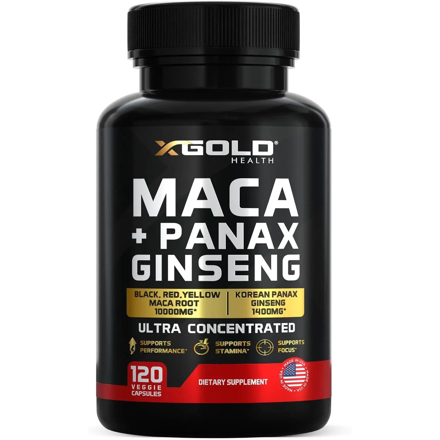 Maca Root Capsules 20:1 Extract + Korean Panax Ginseng 10:1 Extract | 20x Concentrated Black + Red + Yellow Maca Root,10x Concentrated Panax Ginseng Capsules - Ultra Potent & Highly Purified