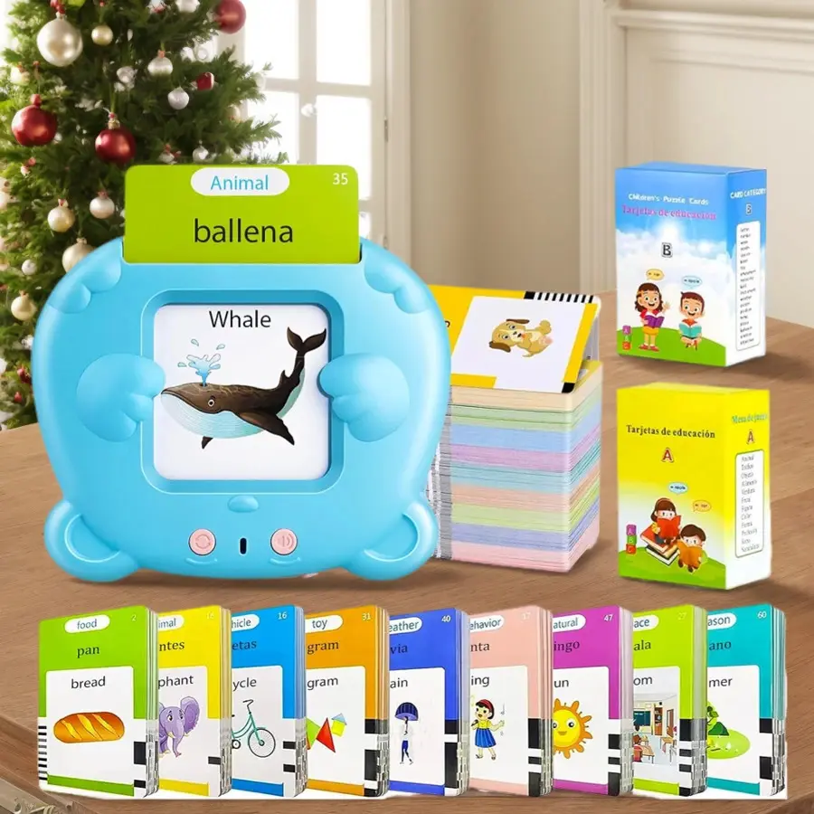 224/510 Words Youngsters Talking Flash Card Reader, 112/225 Double-Sided Cards, Blue & Pink, Rechargeable, Educational Interactive Toy, Learning Flash Card Machine, Gift For Holiday Season, Birthday,Easter