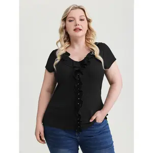 BLOOMCHIC Women's Plus Size Stretchy Lotus Leaf Strip Knit T-Shirt - Plus Size Clothes, Short Sleeve Top with Spandex Fabric, Casual Fit Flat Garment, M-6X 2026 Summer Vibes
