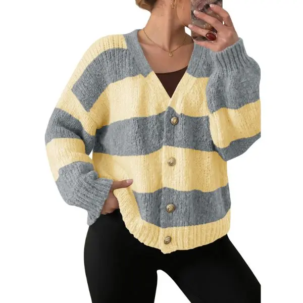 FISOEW Women's Striped Chunky Knit Cardigan Sweater Oversized V-Neck with Button Front and Ribbed Long Sleeves, Fabric, Medium Length, Ribbed Sleeves, Long Sleeve Tops