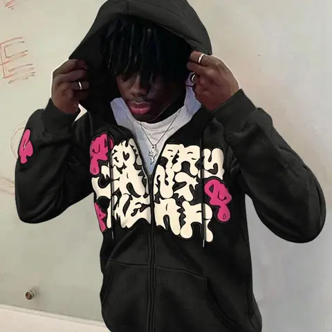 Men's Regular Fit Graphic Print Drop Shoulder Zip Up Hoodie, Fashion Casual Streetwear Drawstring Pocket Plush Lined Hooded Sweatshirt for Daily Holiday Outdoor Wear, Men Clothes for Fall & Winter, Hooded Zipper Hoodie, Affirmation Zip Hoodie