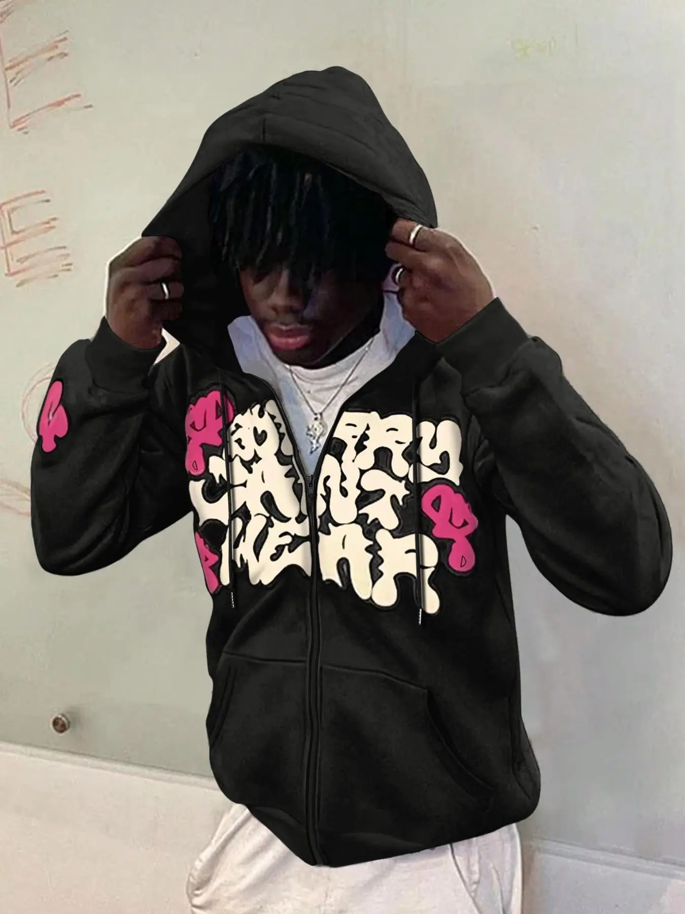 Men's Regular Fit Graphic Print Drop Shoulder Zip Up Hoodie, Fashion Casual Drawstring Pocket Plush Lined Hooded Sweatshirt for Daily Holiday Outdoor