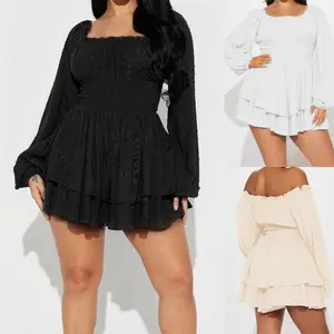 Women Plus Size Rompers Playsuits, Swiss Dot Boat Neck Off Shoulder Long Sleeve, Spring Fall Short Jumpsuits Streetwear, Ladies Dress for Indoor Outdoor Wear, Ladies Clothes for Daily Wear