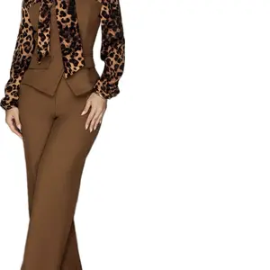 Women's Elegant Two-Piece Set, Leopard Bow Blouse and Solid Color Pants, Casual Sexy, Slight Stretch Fabric, Perfect for Fashion Occasions