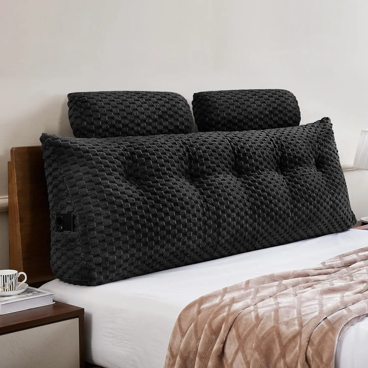 Wedge Headboard Backrest - Triangular Large Support with Neck Roll for Sitting Positioning, Black, 54x8x20 In