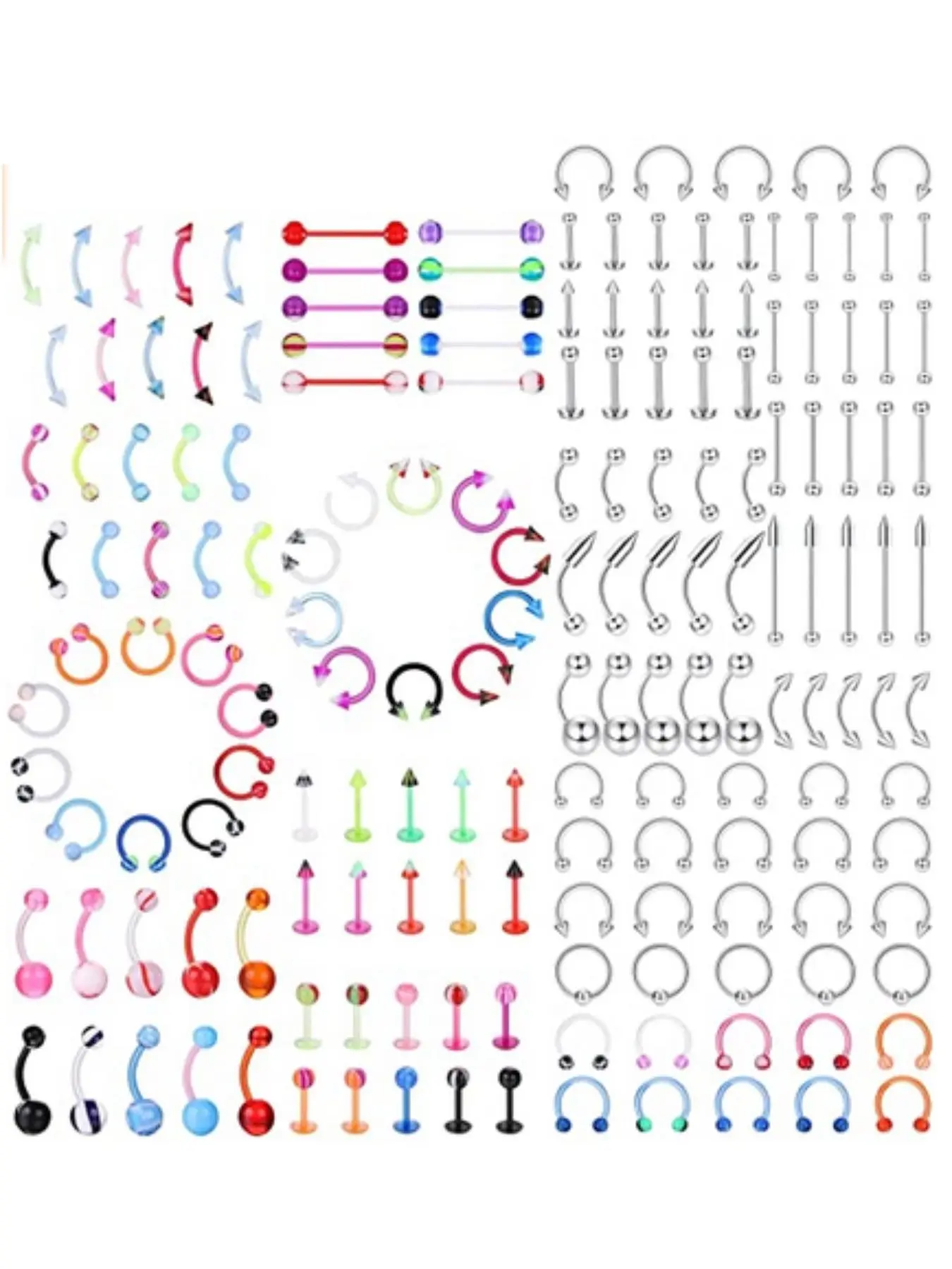 142pcs - 185pcs Body Piercing Jewelry for all piercings, Tongue, Nipple Rings, Eyebrow, Lip, Belly Button, Barbell, Nose Piercing, Nose Rings Hoops, Tragus, Helix Cartilage Piercing, 14g-18g, Body Piercings Set, Nose Piercings Kit