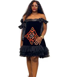 Classic and Elegant Hand-Embroidery Toghu OffShoulder Dress - African Traditional Wear for Women - Cameroonian Cultural Outfit - Bamenda Elegant Dress in Velvet & Organdi Material