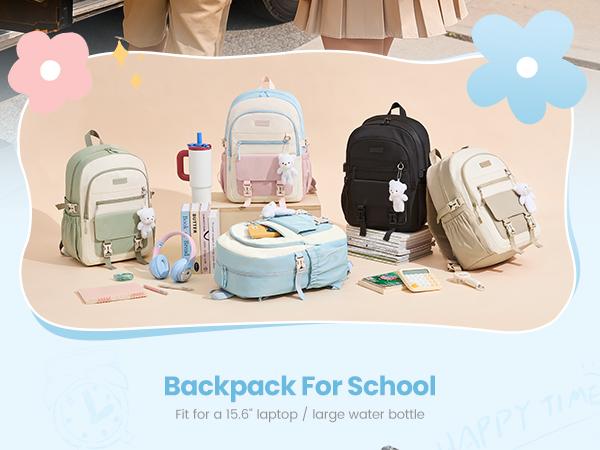 LOVEVOOK School Backpack for Teen Girls, Cute Student Bookbag Fits 15.6 Inch Laptop, Back to School Backpacks for 8-18 Teenager Kid, Large College Travel Back Pack with Water Bottle Holder Pink