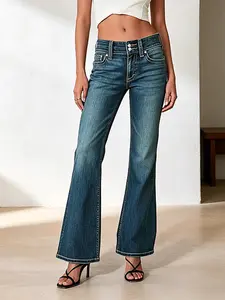 Women's Slim Bootcut Indigo Jeans,Women Mid Rise Double Buttons Closure Bootcut Jeans Vintage Dark Washed Stretch Denim Pants Classic Back Pocket Detail Slim Flared Leg Cowgirl Trousers