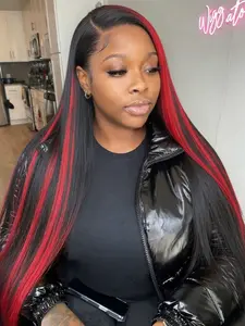 Black Red Highlight 13x4 Lace Front Wig Skunk Stripe Highlight Straight Wig Free Part Pre Plucked Natural Hairline Heat Resistant Synthetic Wig for Women Daily Wear 28 Inches Heat Resistant Wigs