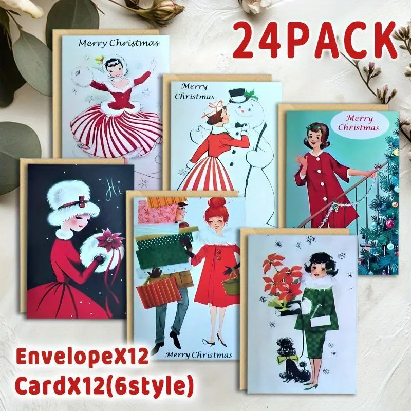 24pcs Festive Christmas Greeting Cards with Envelopes - Cute Illustrations
