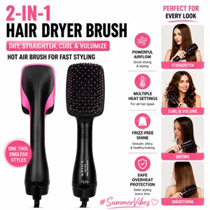 2-in-1 Hair Dryer Brush, Hot Air Brush for Curling, Straightening & Volumizing, Fast Styling Blow Dryer Brush for Smooth Frizz-Free Salon-Style Hair #SummerVibes