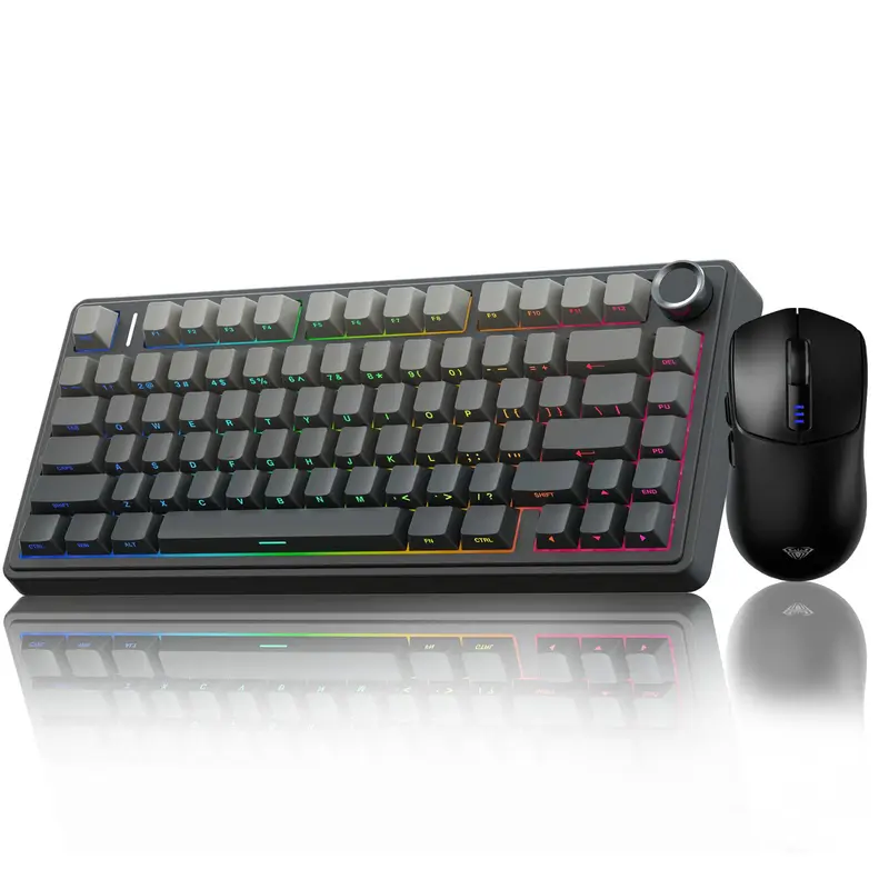 AULA F75 Pro Hot Swappable USB Rechargeable RGB Gaming Keyboard & Mouse Combo, 75% Layout, SC580 Mouse, Black RGB Backlit, Volume Knob, Budget Creamy Feel, Universal Multi-Device Compatible, Precise Wireless Accessory Set, Hot Swappable Keyboard, Usb Rech