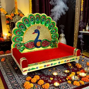 Exquisite Wooden Peacock Singhasan | Elegant Kanha Ji Aasan for Pooja Mandir | Sacred Gift for Janmashtami, Housewarming, Weddings