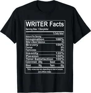 Writer Facts Storyteller Nutrition Information T-Shirt, Gift Tee, Funny Tee, Size S-3XL