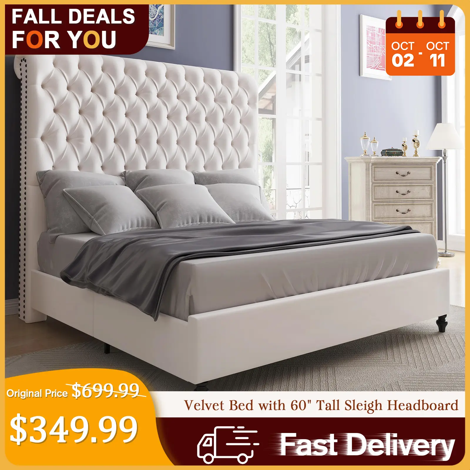 [TikTokShopfalldealsforyou] AMERLIFE Bed Frame with Sleigh Headboard, 60" Tall Velvet Upholstered Platform Bed, Handcrafted Deep Diamond Buttons and D