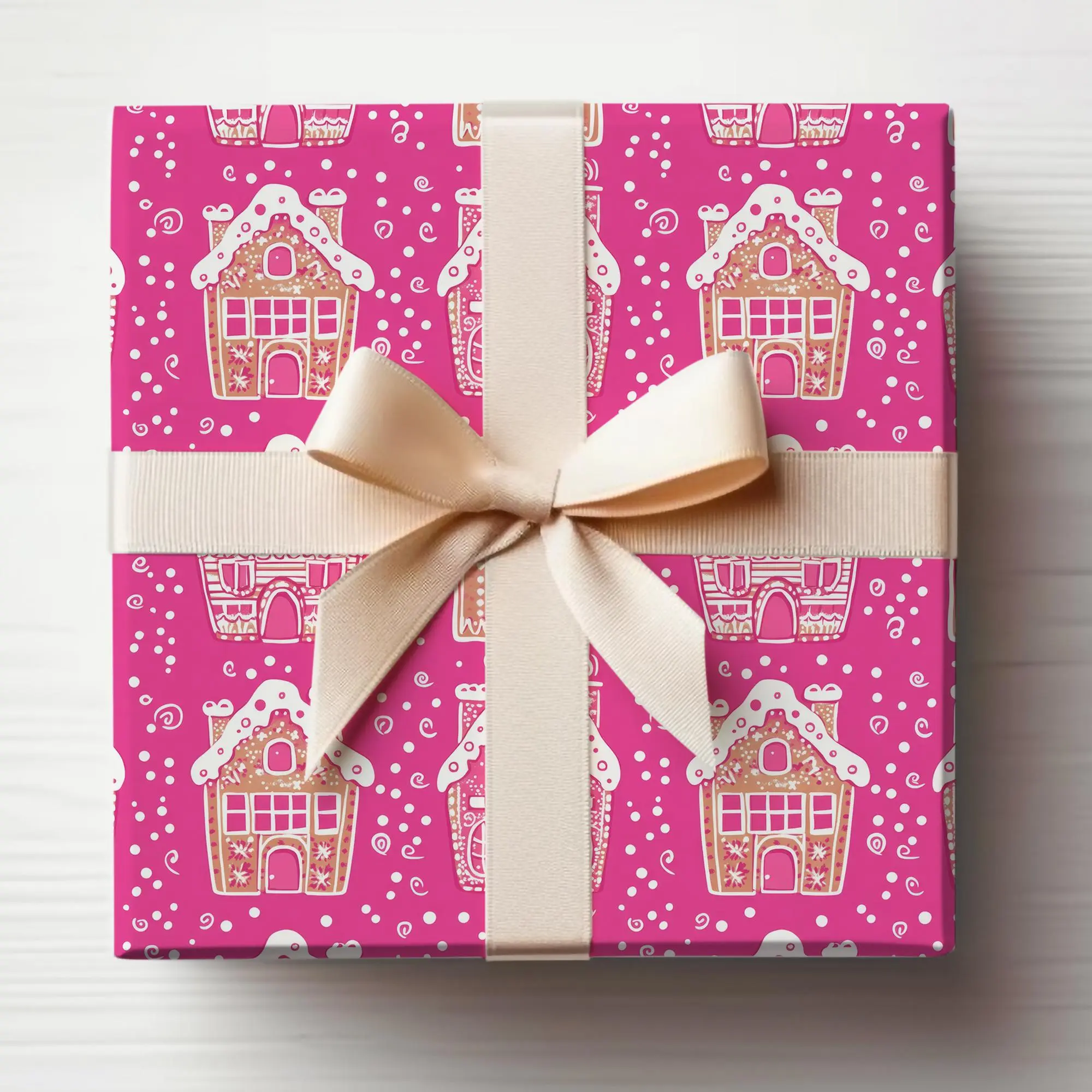 Preppy Pink Christmas Wrapping Paper Roll Pink Gingerbread House Wrapping Paper Pink Winter Houses Gift Wrapping Roll