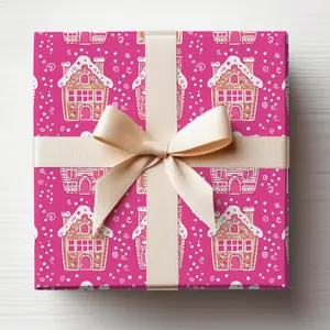 Preppy Pink Christmas Wrapping Paper Roll Pink Gingerbread House Wrapping Paper Pink Winter Houses Gift Wrapping Roll
