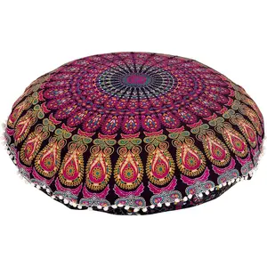 32" Purple Mandala Floor Pillow Cushion Seating Throw Cover Hippie Decorative Bohemian Ottoman Poufs Pom Pom Pillow Cases Boho Indian