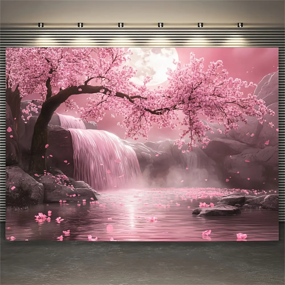 60in x 40in 1pc Cherry Blossom Backdrop with Pink Sakura Tree & Waterfall Scene - Vibrant Polyester Fabric Wall Art for Living Room, Outdoor Porch, or Home Decor, Outdoor Porch Decoration |     Natureinspired Design |     Scenic Tapestry, Vintage, Cherry